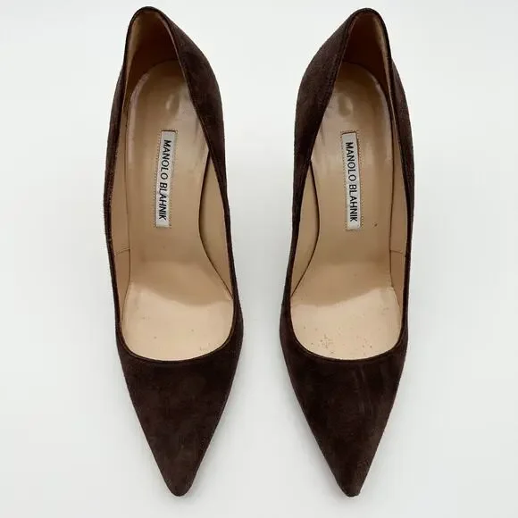 Manolo Blahnik BB Pointed Toe Suede Pumps Chocolate Brown Taupe Size 38.5 - Picture 15 of 15